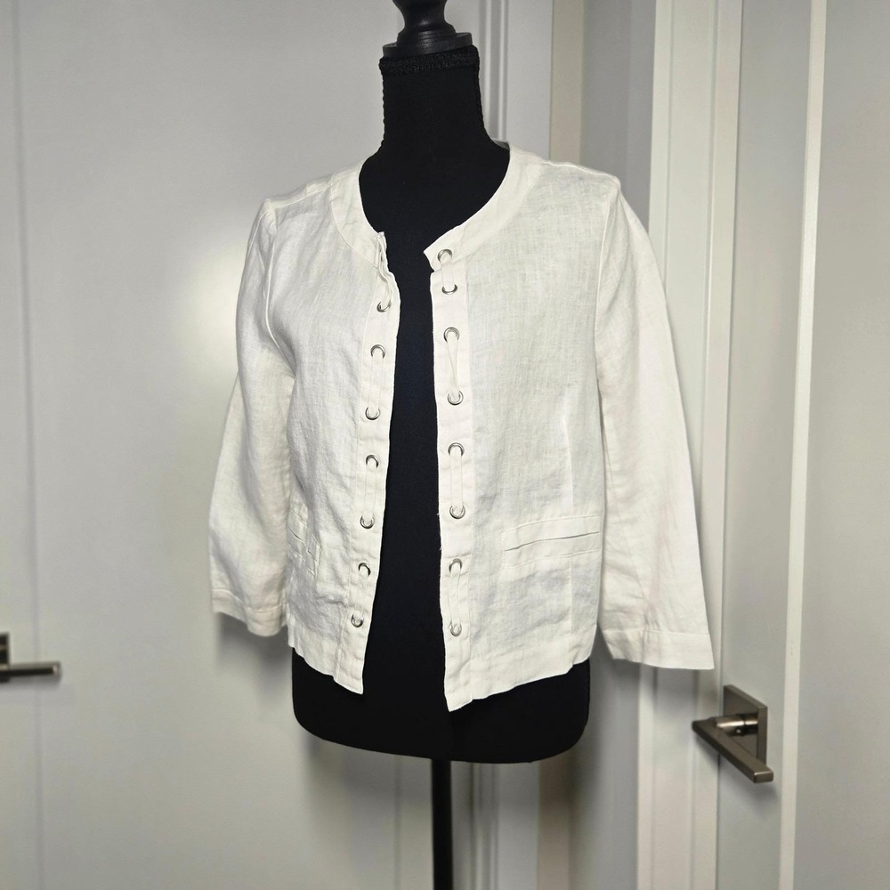 For Cynthia White Linen Blend Lace-Up Jacket Blazer Women's US Small